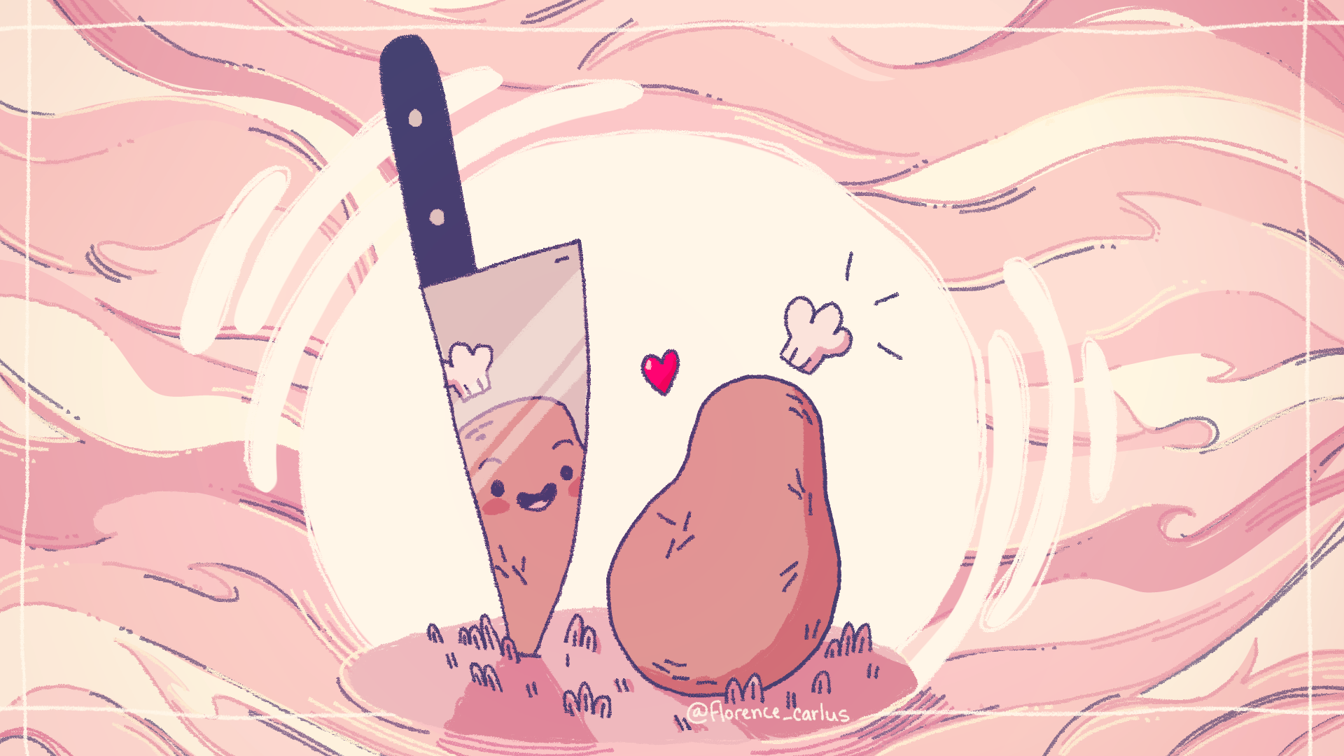 A drawing of a potato with a face and a tiny chef hat, looking at their reflection in a knife blade with joy